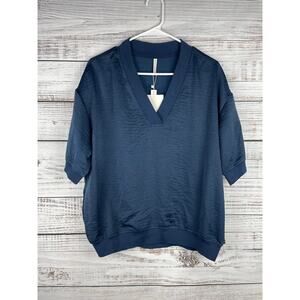 Lanidor Blue Satin Vneck Top Small NEW Career Casual Basic Office Lagenlook